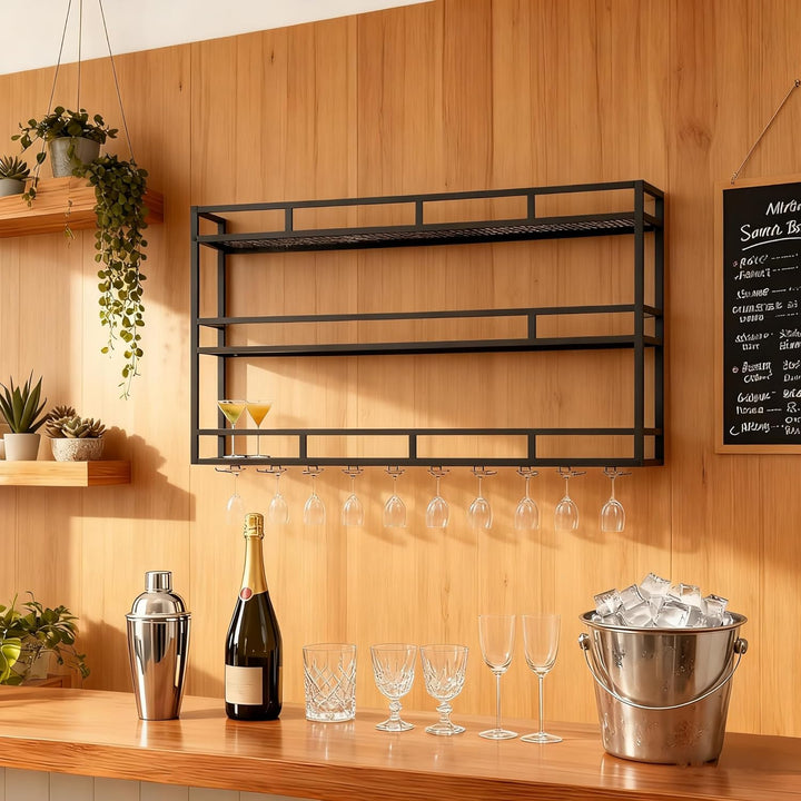 Weinregal zur Wandmontage aus Metall, 3-stufig mit Glashalter, stabiles Wand-Weinregal mit Schutzgel