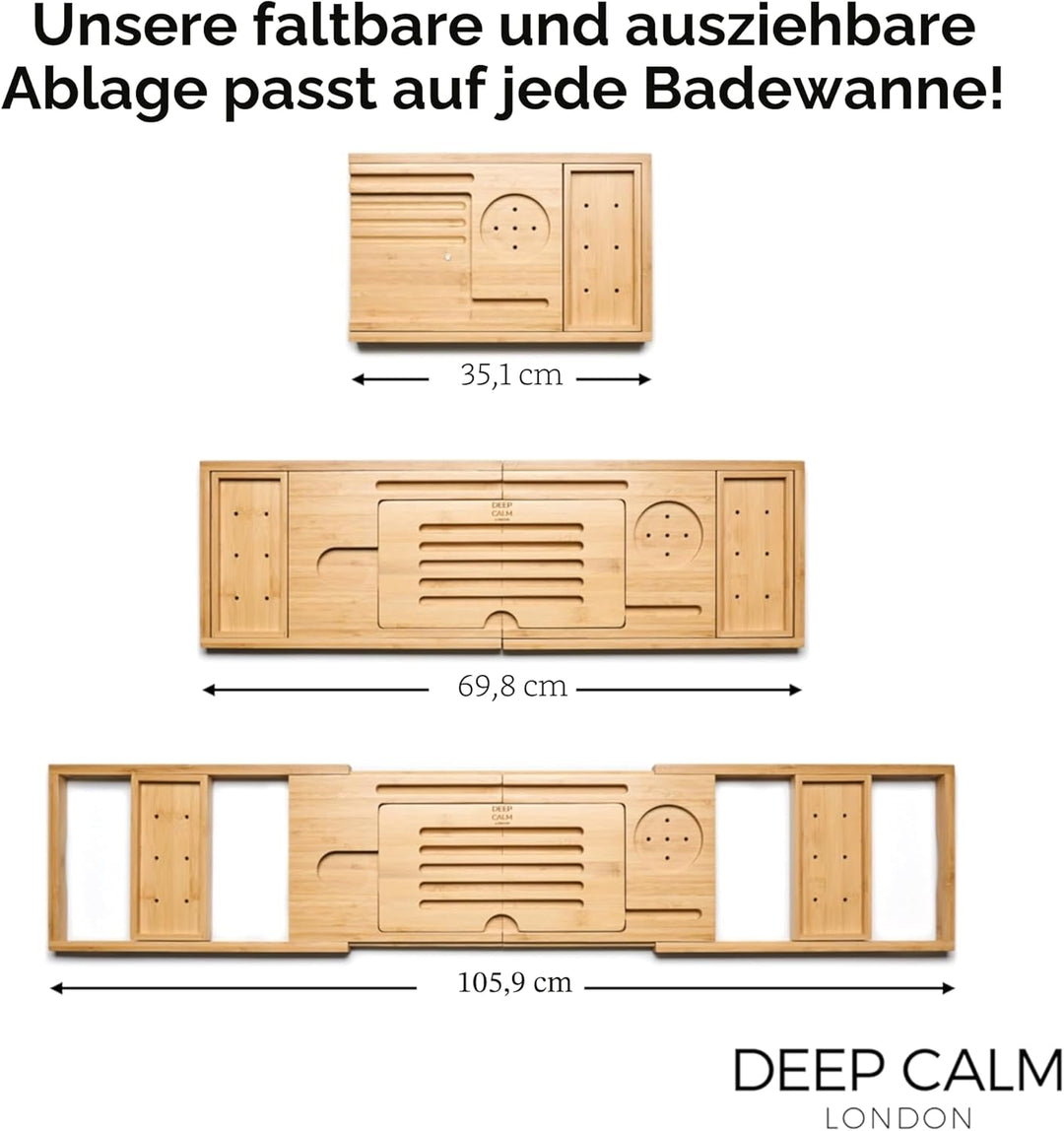 Deep Calm Badewannenablage - Verstellbares Bambus-Badewannenbrett - rutschfeste Badewannenablage Pas