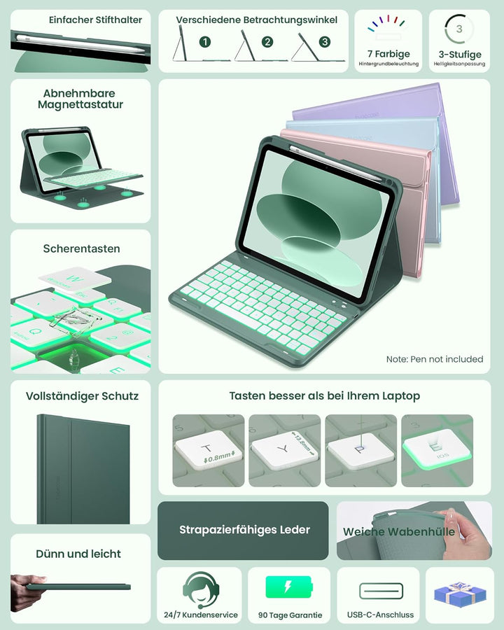 typecase Hülle mit Tastatur für iPad A16 11/10 Generation((2025/2022, 11/10.9 Zoll),7-farbige Beleuc