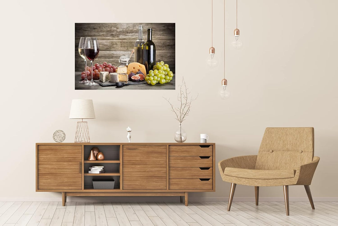 islandburner XXL Bild Poster Wein Käse Stillleben Vor Holzwand Premium Bilder Fotodruck Poster 90x60