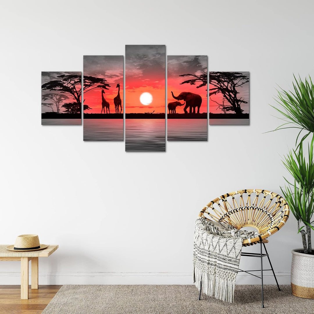 Runa Art Bild Wohnzimmer Schlafzimmer Afrika Sonnenuntergang 5 Teilig Giraffe Elefant Orange Wandbil