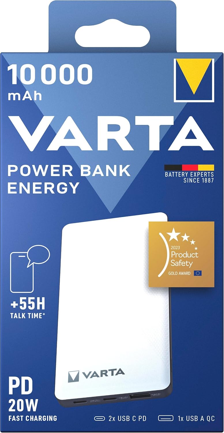 VARTA Power Bank 10000mAh, Powerbank Energy mit 3 Anschlüssen (2x USB C, 1x USB A) Kompatibel mit Ta