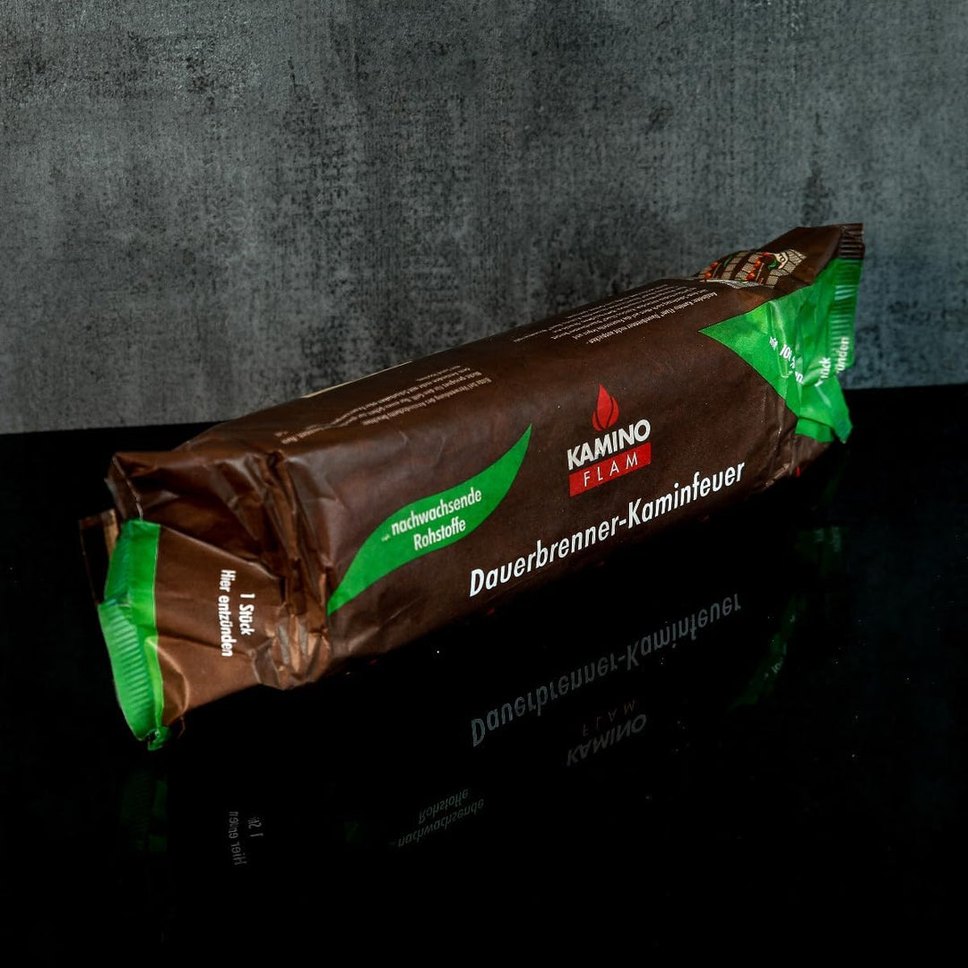 10 Stück KaminoFlam® Dauerbrenner-Kaminfeuer, 100 % nachwachsende Rohstoffe, für Kaminofen, Kachelof