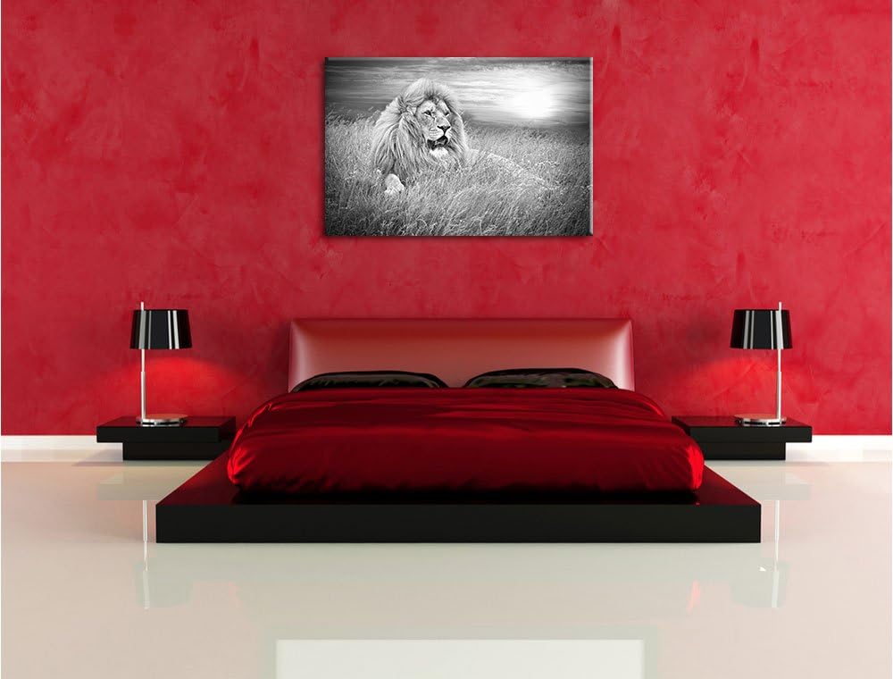 mächtiger Löwe Kunst B&W, Format: 100x70 auf Leinwand, XXL riesige Bilder fertig gerahmt mit Keilrah