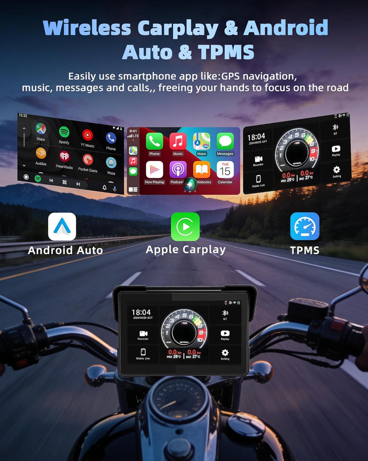 Jansite Motorrad Carplay Bildschirm Android Auto mit TPMS Reifendrucküberwachungssystem, 7 Zoll Moto