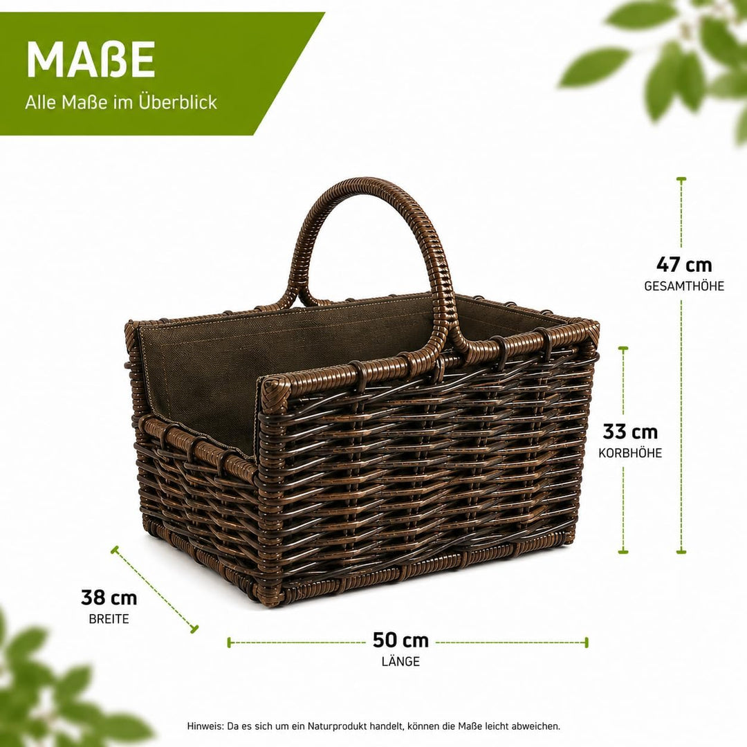 Kobolo Kaminholzkorb Holztrage Holzkorb für Kaminholz -Rattan- mit abnehmbaren dunklem Stoff