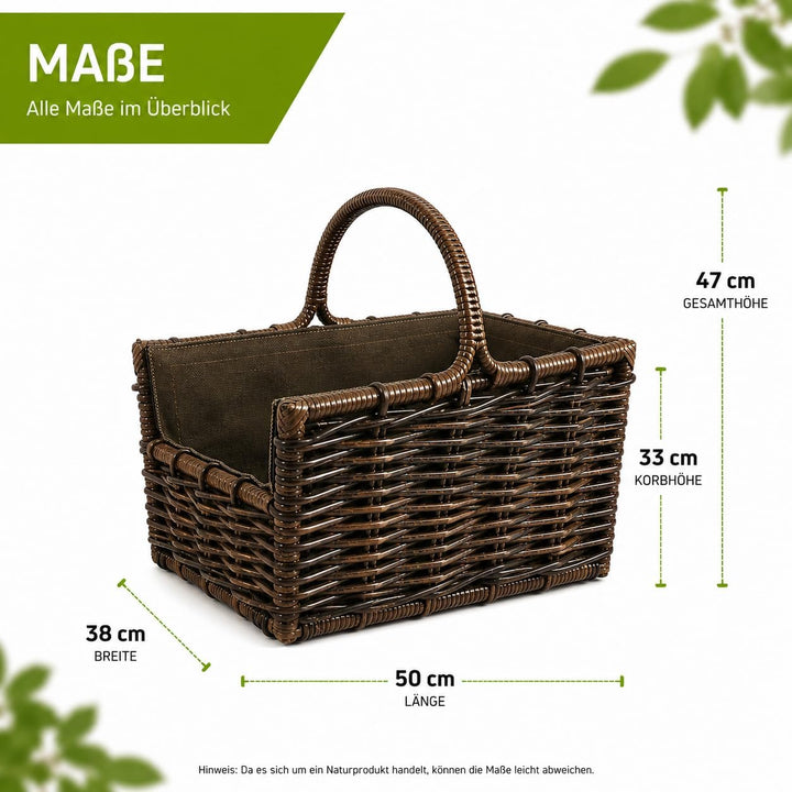 Kobolo Kaminholzkorb Holztrage Holzkorb für Kaminholz -Rattan- mit abnehmbaren dunklem Stoff