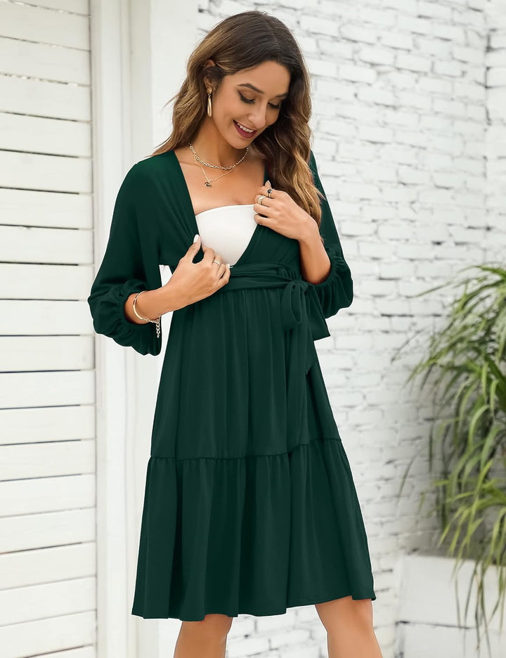 KOJOOIN Damen Umstandskleid V-Ausschnitt 3/4 Ärmel Stillkleid Rüschen Schwangerschafts Kleider mit G