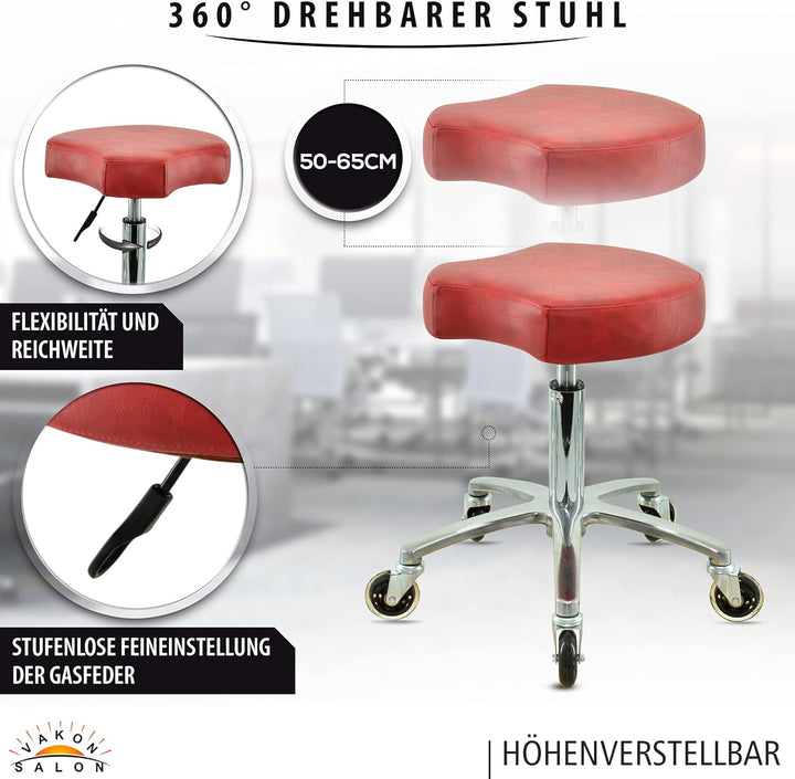 VAKON SALON - Ergonomischer Sitzhocker rot höhenverstellbar von 50 bis 65 cm Rollhocker - Drehhocker