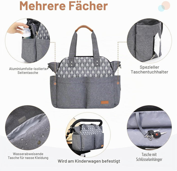 Lekebaby Baby Wickeltasche Bote gross mit Wickelunterlage für Reise, Grau, Grau