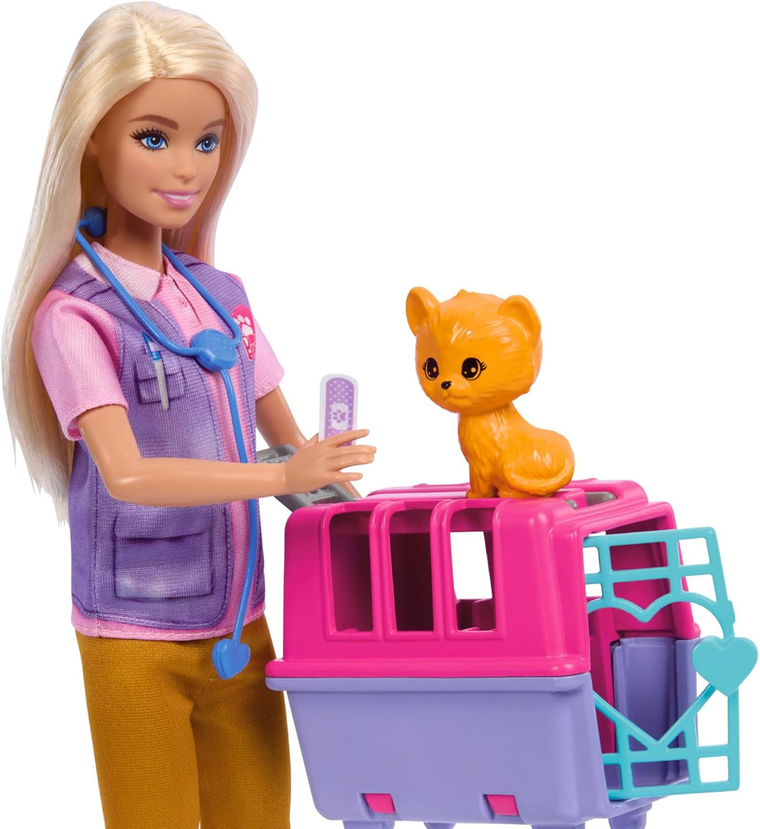 BARBIE Tierrettungsspielset - Barbie-Puppe mit Tiger und Äffchen, Transportbox mit funktionierender