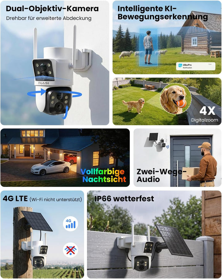 4G LTE Solar Überwachungskamera Aussen, 2K+2K Dual-Lens | PTZ Kamera, No WLAN kabellose Aussenkamera