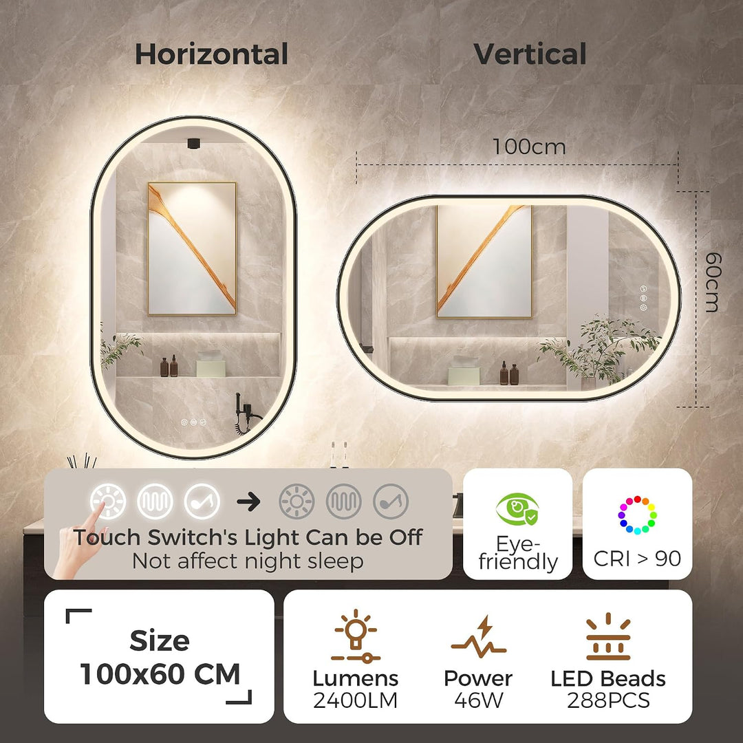 STARLEAD Schwarz Oval-LED-Badspiegel-mit-Beleuchtung 100x60cm, Bluetooth, Dimmbar, 3 Lichtfarben, En