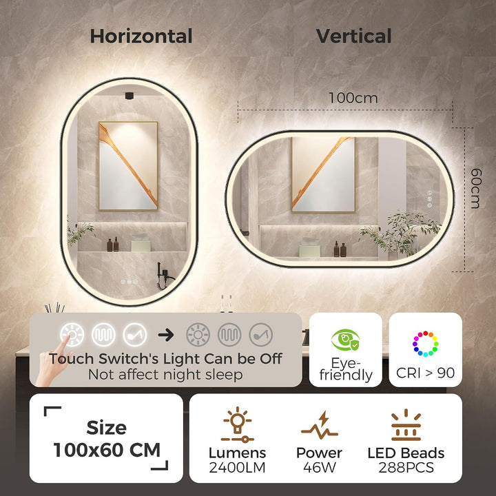 STARLEAD Schwarz Oval-LED-Badspiegel-mit-Beleuchtung 100x60cm, Bluetooth, Dimmbar, 3 Lichtfarben, En