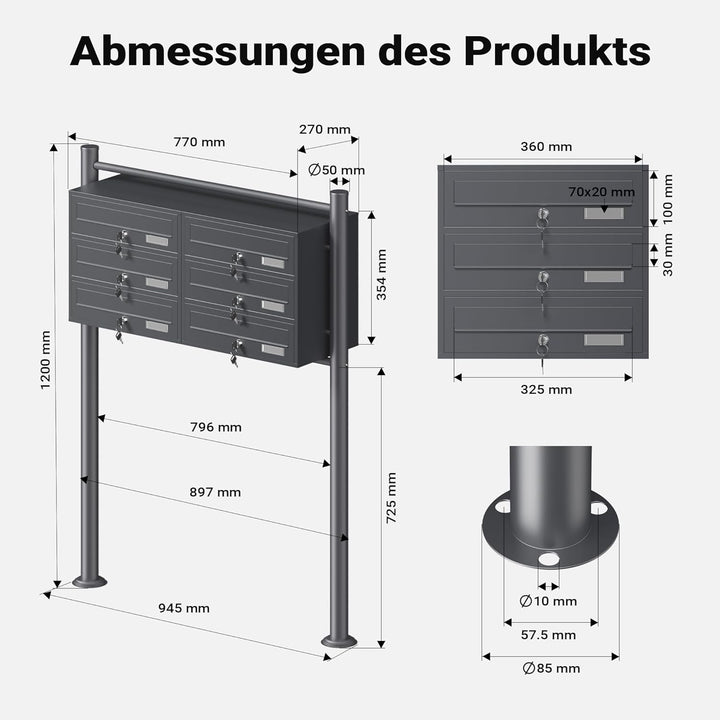 Wiltec 6er Briefkastenanlage Anthrazit 898 x 270 x 1150 mm, Standbriefkasten mit 2x3 Fächern, Schlüs