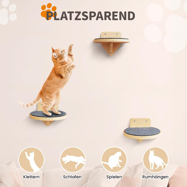 XL Premium Kletterwand Katzen aus Birkenholz | 3er-Set Katzentreppen mit Kratzflächen | Wandmontage