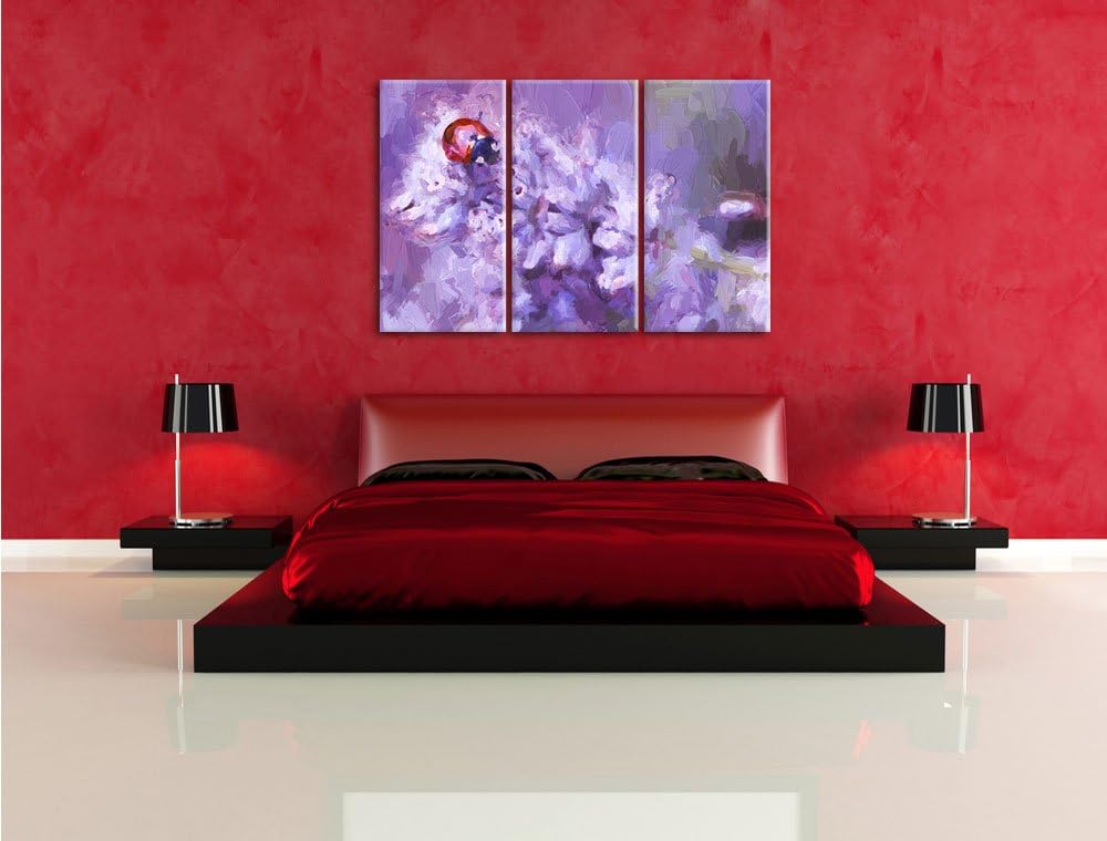 Pixxprint Marienkäfer auf Lavendel / 3-Teilig/Gesamtmass 120cm Leinwandbild bespannt auf Holzrahmen/