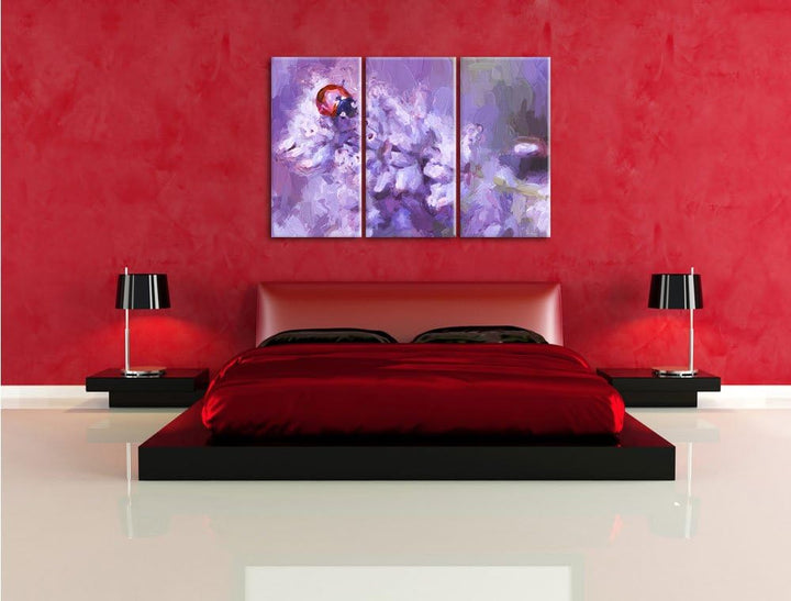 Pixxprint Marienkäfer auf Lavendel / 3-Teilig/Gesamtmass 120cm Leinwandbild bespannt auf Holzrahmen/