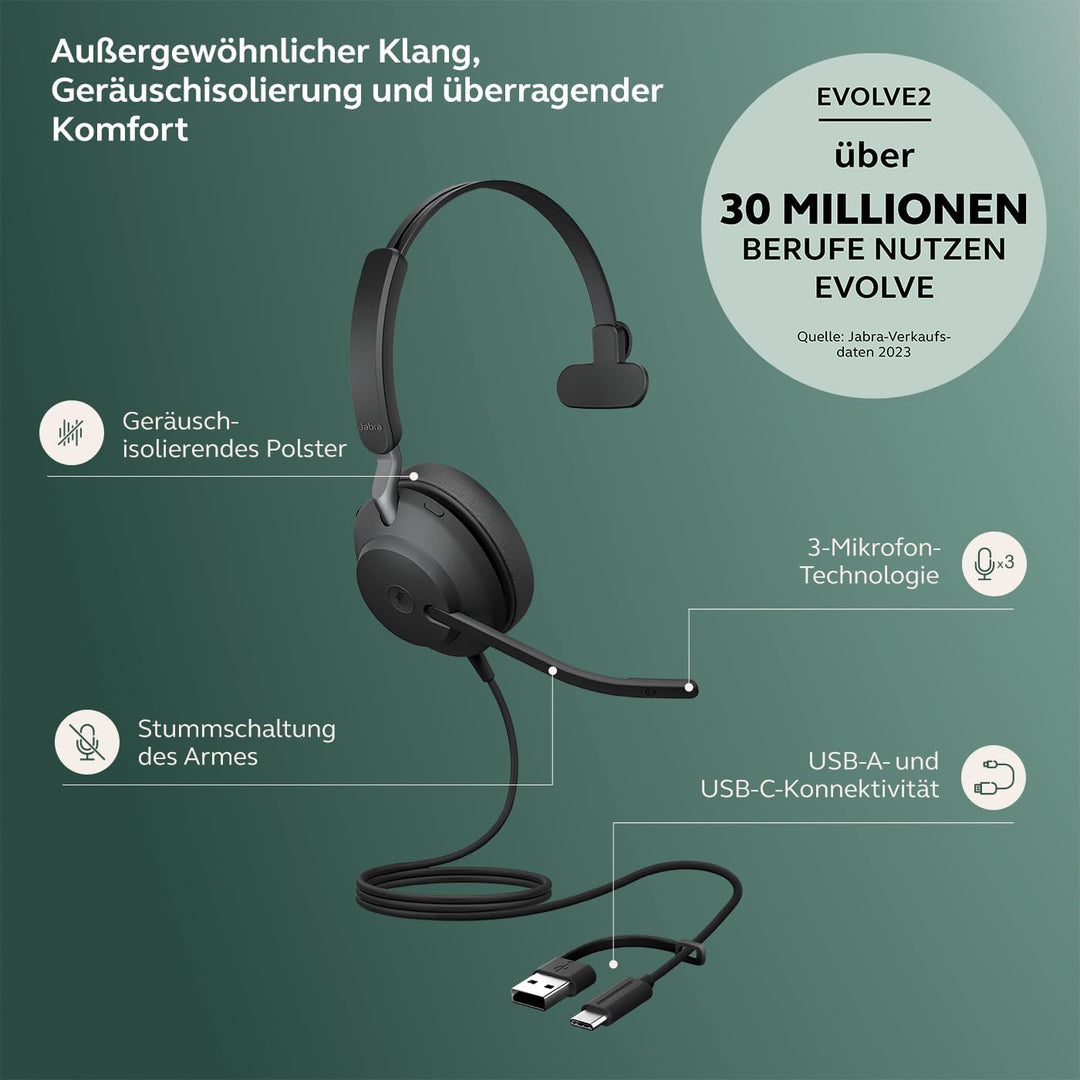 Jabra Evolve2 40 SE - USB-C/A schnurgebundenes Mono Headset | Zertifiziert für UC-Platformen | Mono
