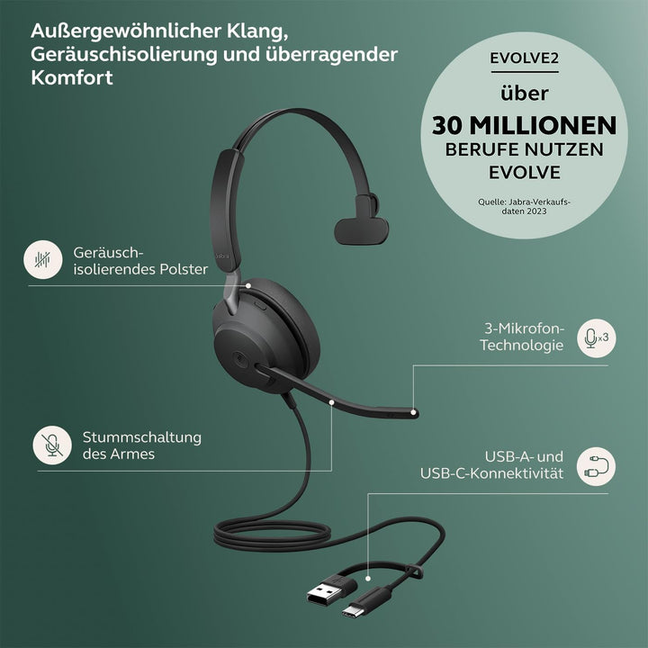Jabra Evolve2 40 SE - USB-C/A schnurgebundenes Mono Headset | Zertifiziert für Microsoft Teams |