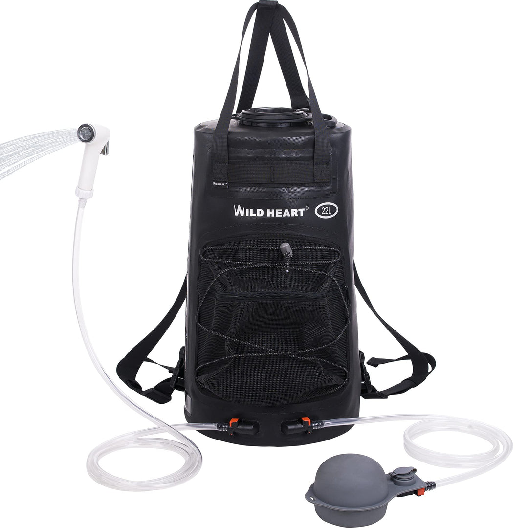 WILD HEART Campingdusche 22L Tragbare Dusche für Camping mit Druckfusspumpe und Duschbeutel-Rucksack