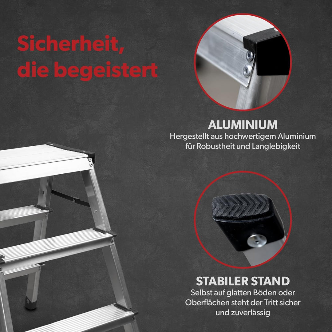 siwitec Trittleiter 2 x 3 Stufen, Alu Klapptritt, leichte Aluminium Leiter beidseitig begehbar, Haus