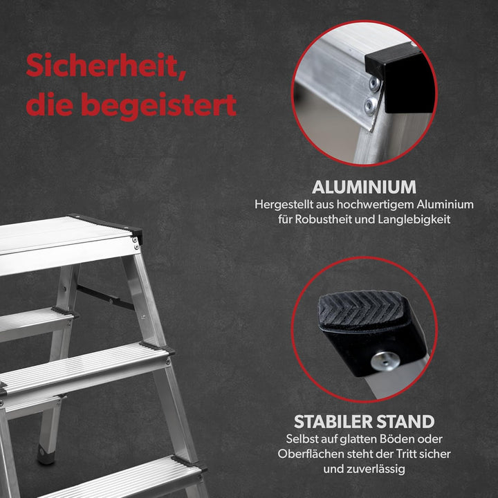 siwitec Trittleiter 2 x 3 Stufen, Alu Klapptritt, leichte Aluminium Leiter beidseitig begehbar, Haus