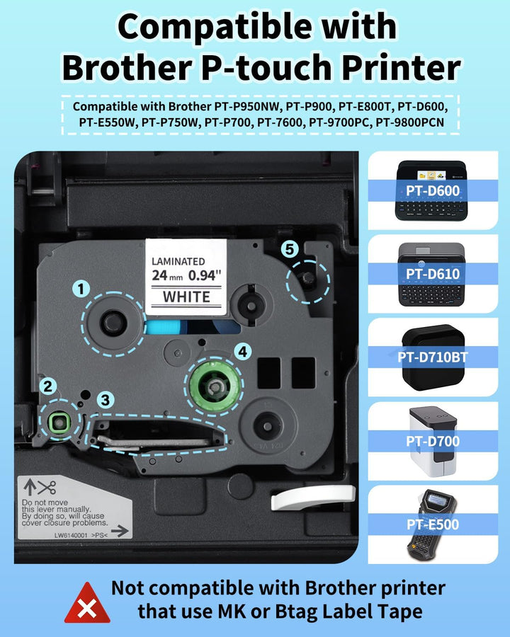 Oozmas TZe251 Schriftband Kompatibel mit Brother TZe-251 24mm 0.94 White | AZe251 Schwarz auf Weiss