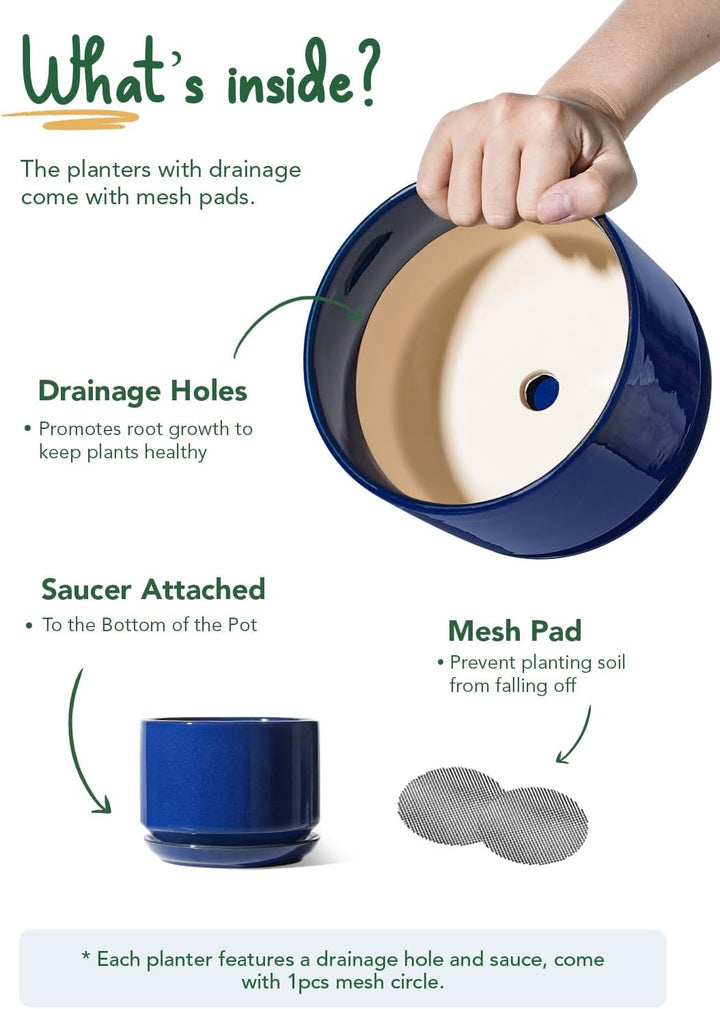 LE TAUCI Keramik Blumentöpfe 4,3+5,3+17,3 cm, 3er Set, Pflanzgefässe mit Drainageloch und Untersetze