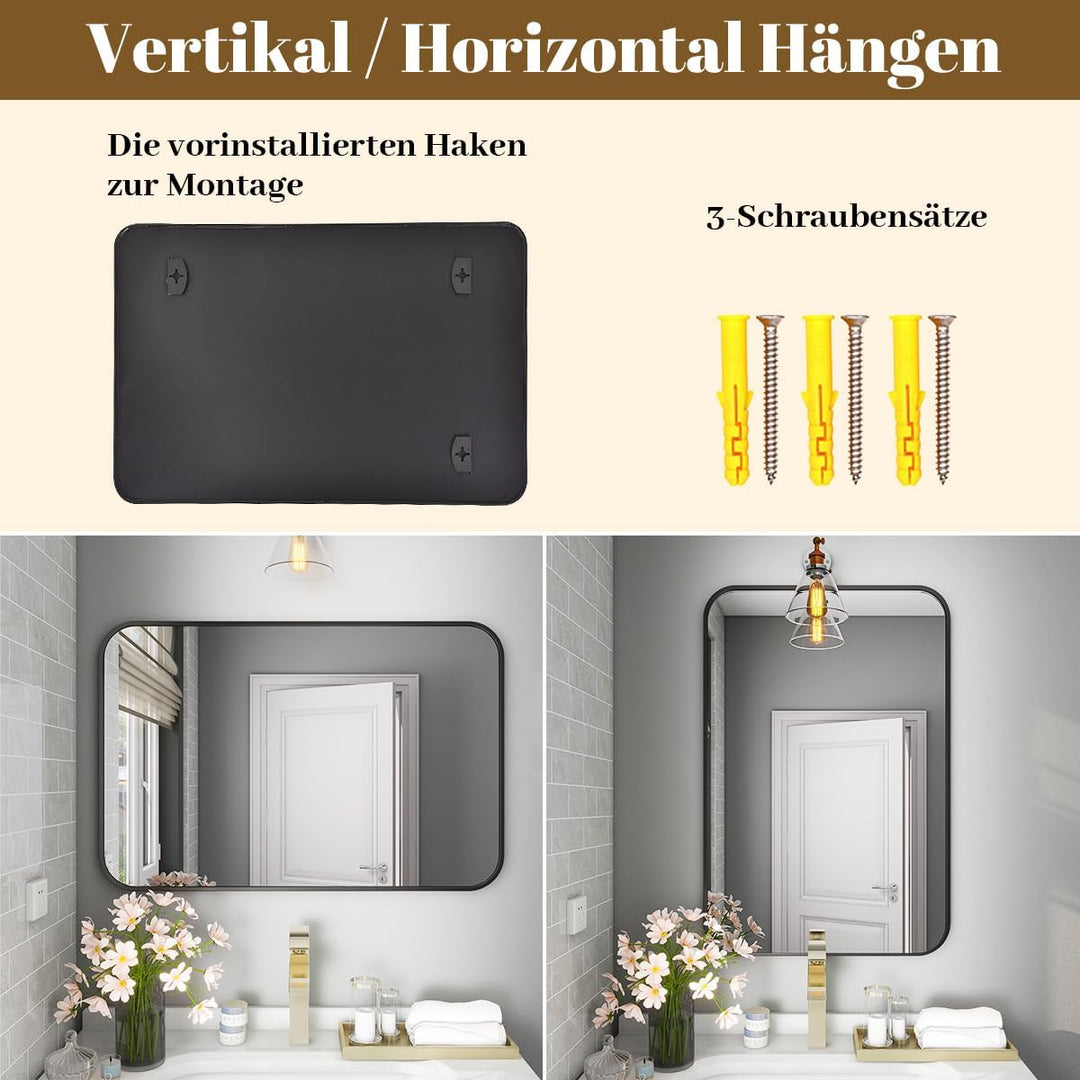 Koonmi Wandspiegel schwarz, 75x122 cm Badezimmerspiegel mit runder Ecke, Morden Spiegel Wand mit Rah