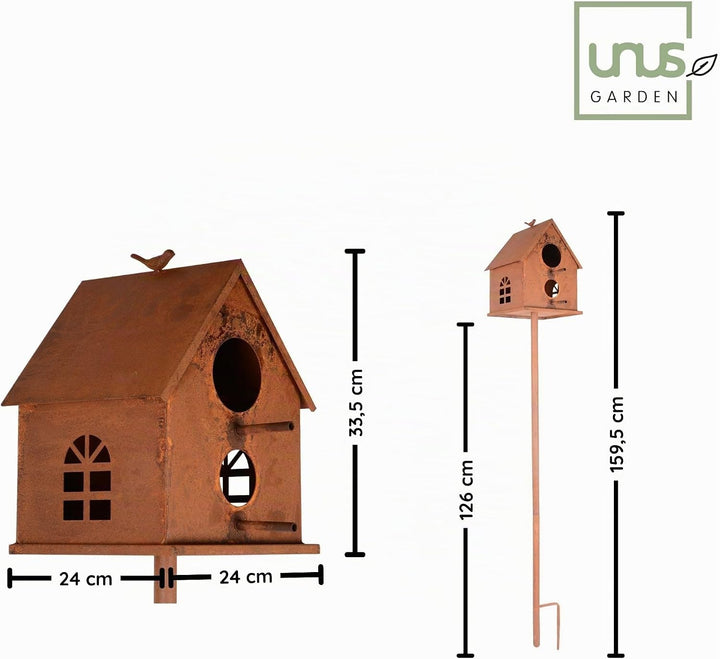 UNUS Vogelhaus mit Stab Metall Rost ca. 126 cm wetterfest dekoratives Vogelhaus Garten Terrasse Balk