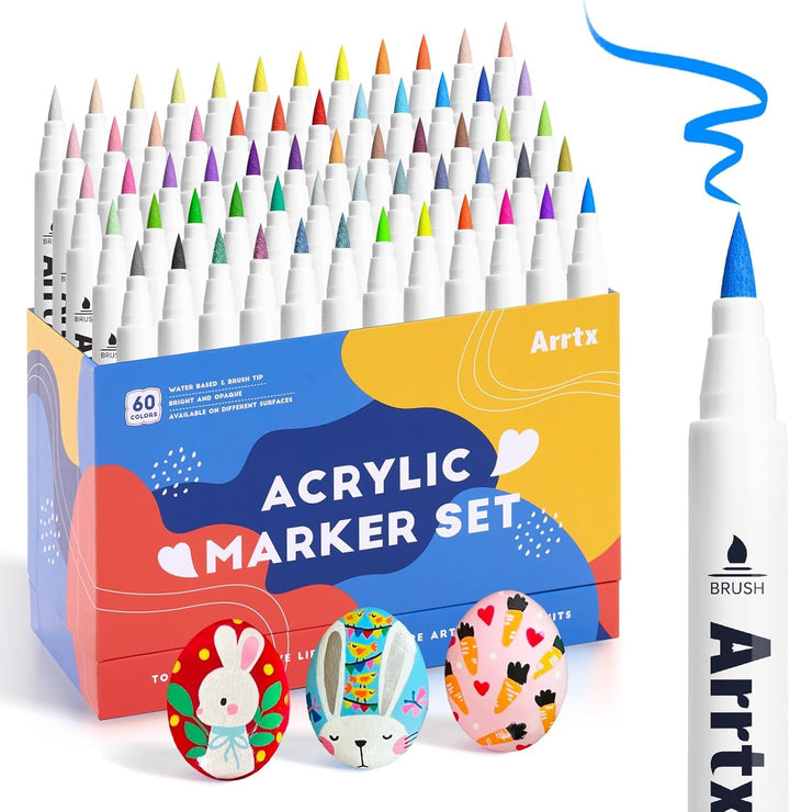 Arrtx Acrylstifte für Steine wasserfest, 60 Farben 1-6MM Pinselspitze Acrylfarbe Stifte, Acryl-Farbs