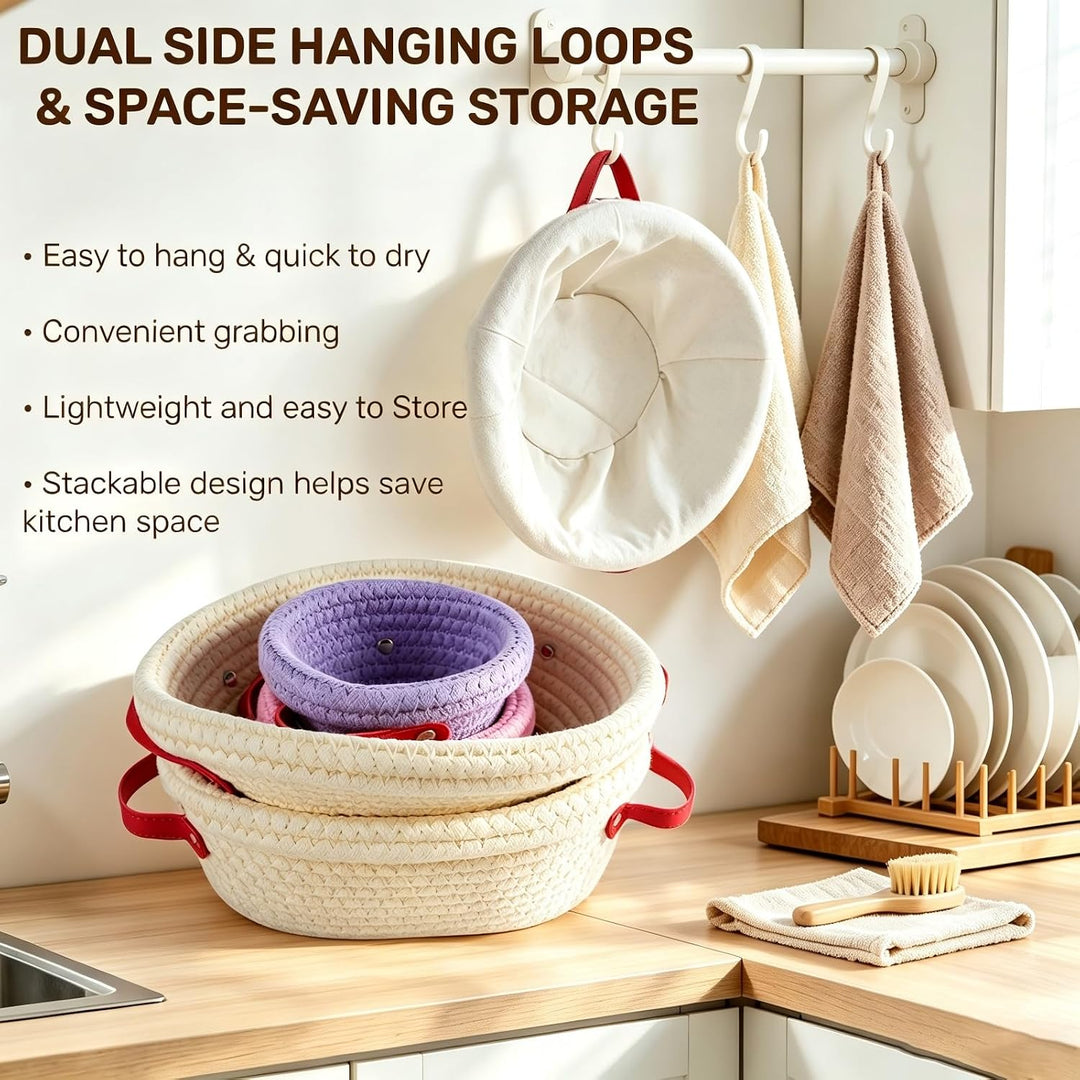 Baumwollseil Gärkörbchen Set 4-tlg. Oval 25cm, Rund 13 &amp; 23cm Sauerteigbrot | Atmungsaktives Baumwol