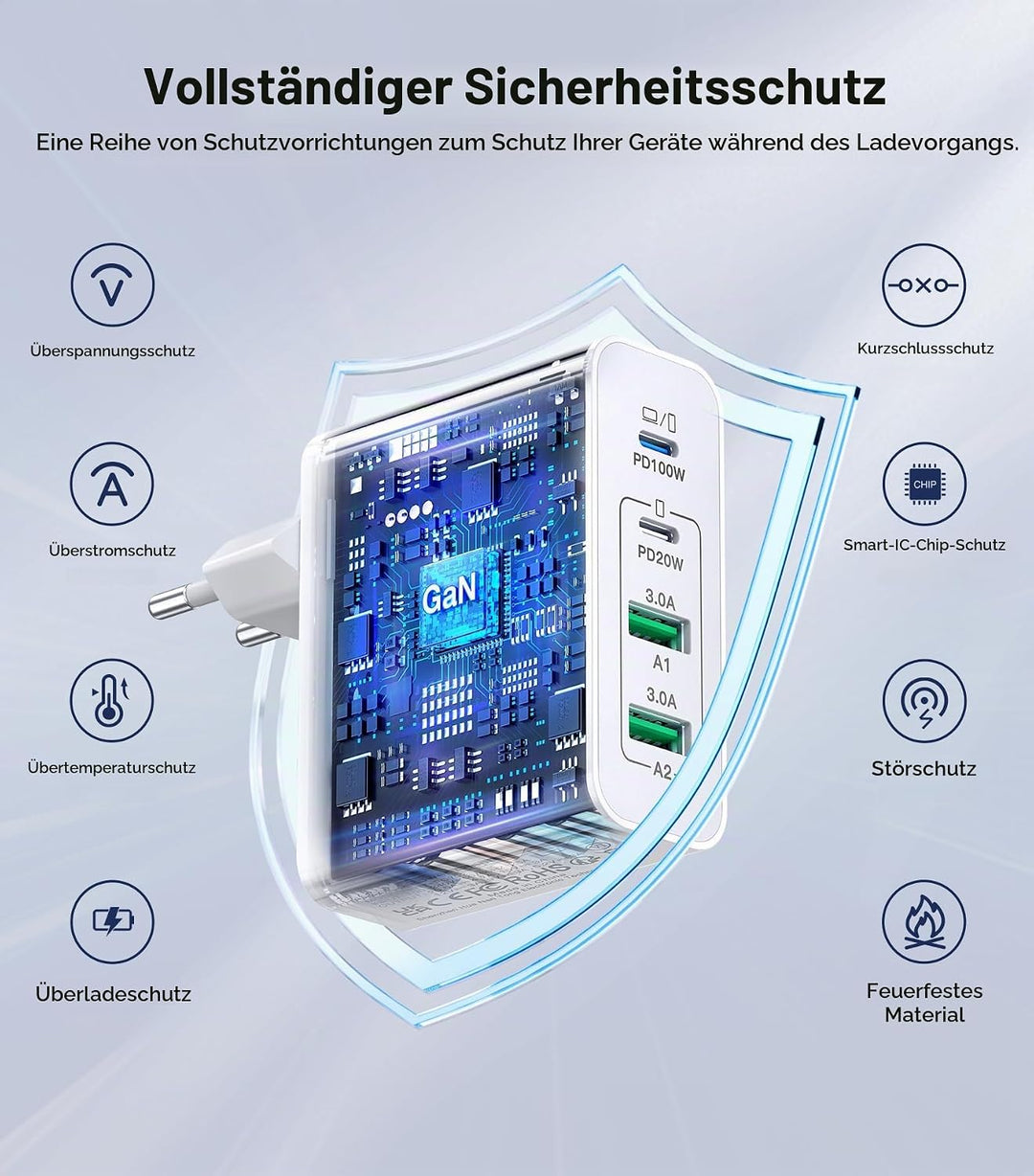 100W 6-Port Adapter Mehrfach Ladegerät mit USB-C und USB-A, Schnellladegerät PD 3.0 Charger Power Ne