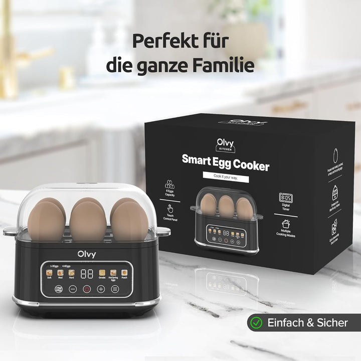 Olvy automatischer Eierkocher 6 Eier – Profi 6-in-1 Eierkocher mit LCD-Timer und Dampfgarer – ideal