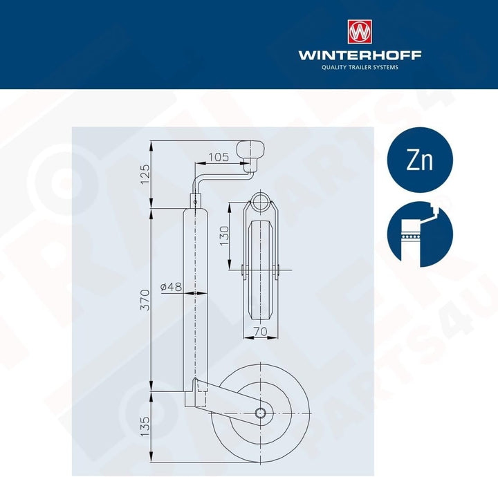p4U Winterhoff Stützrad mit Klemmträger für Anhänger und Wohnwagen, 150 kg, 48 mm