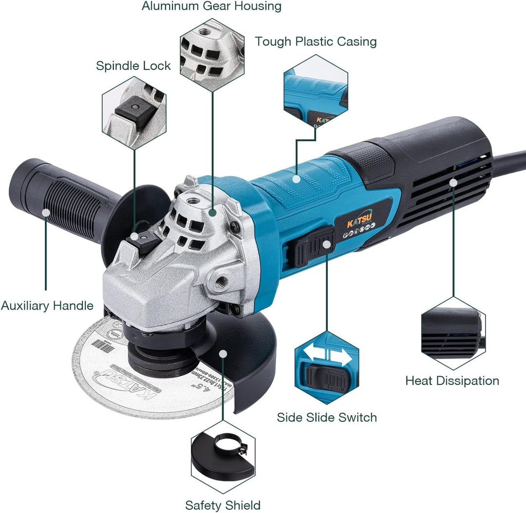 KATSU Tools Kabelgebundener Winkelschleifer 115 mm 750 W, schlankes Gehäuse, für Mauerwerk, Beton, F