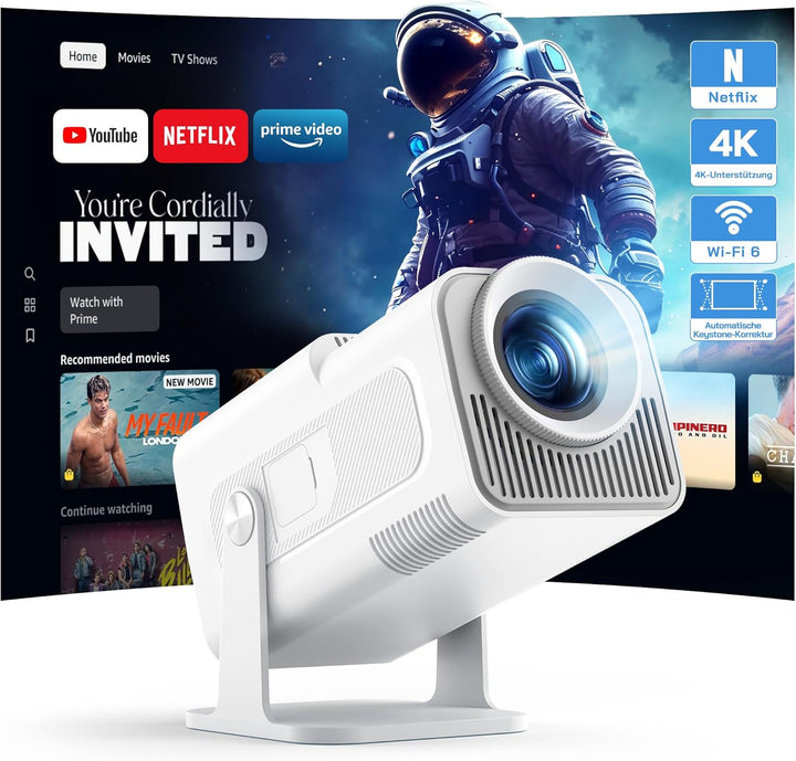 WOLFANG 4K Mini Beamer mit Offiziellem Netflix, 26000 Lumen WiFi 6 Smart Projektor mit 50% Zoom & Tr