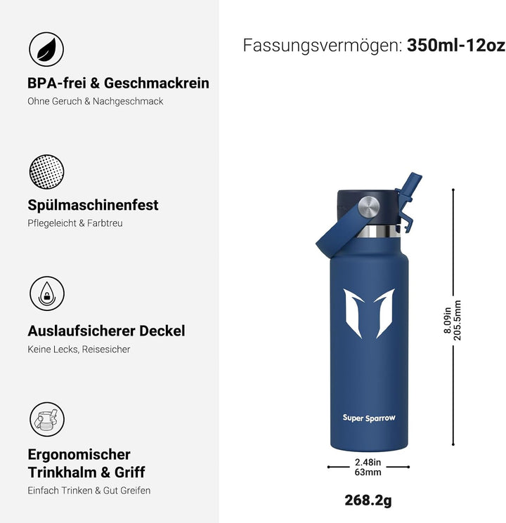 Super Sparrow Trinkflasche Edelstahl - Thermobecher - 350ml, 500ml, 750ml, 1L, 1.2L - FlipFlow Trink