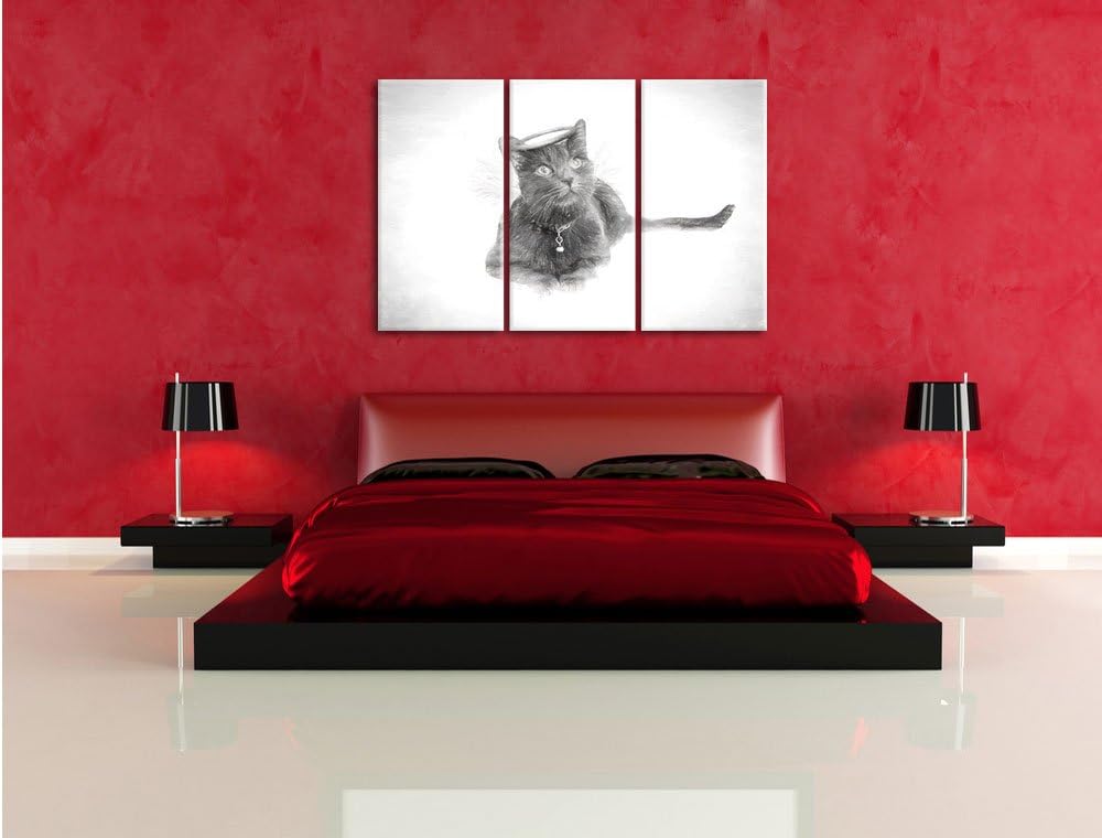 Pixxprint Katzen-Engel im Himmel/Format: 3-Teiler (120x80cm) cm/Leinwandbild fertig bespannt Wandbil