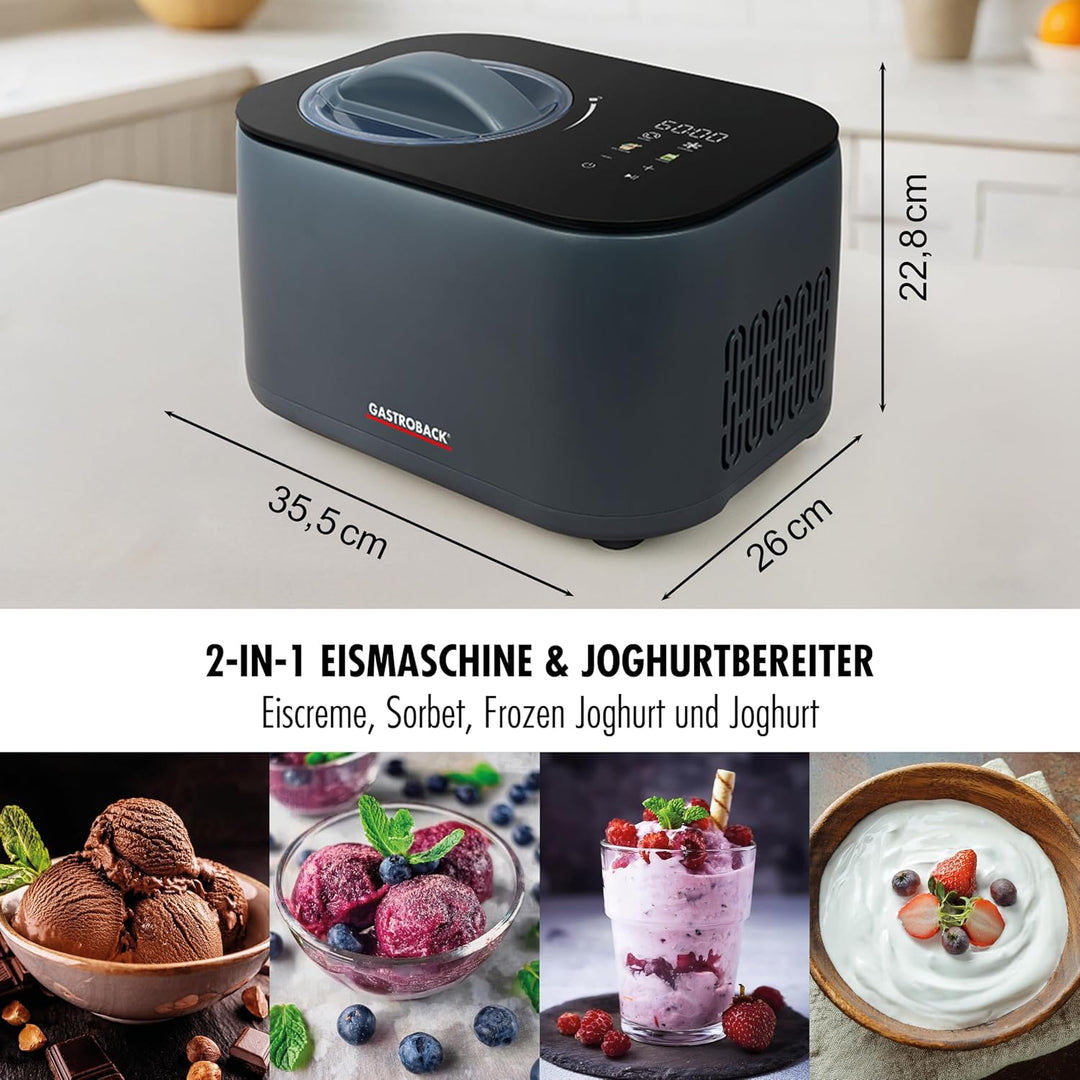 GASTROBACK Mini Eismaschine mit Kompressor 2-in-1 Eis und Joghurtmaschine für Zuhause 100 Watt Eiscr