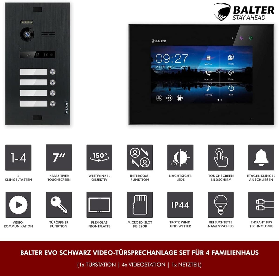 Nonic Balter EVO Video-Türsprechanlage Set 4 Familienhaus (1x Türstation mit Kamera Schwarz, 4X Touc