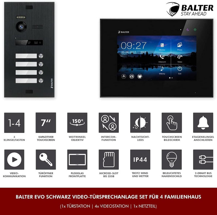 Nonic Balter EVO Video-Türsprechanlage Set 4 Familienhaus (1x Türstation mit Kamera Schwarz, 4X Touc