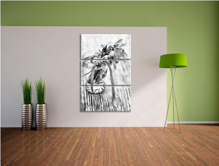 Pixxprint Schneeglöckchen mit rosa Band als Leinwandbild/Grösse: 3 Teilig (120x80) cm/Wandbild/Kunst