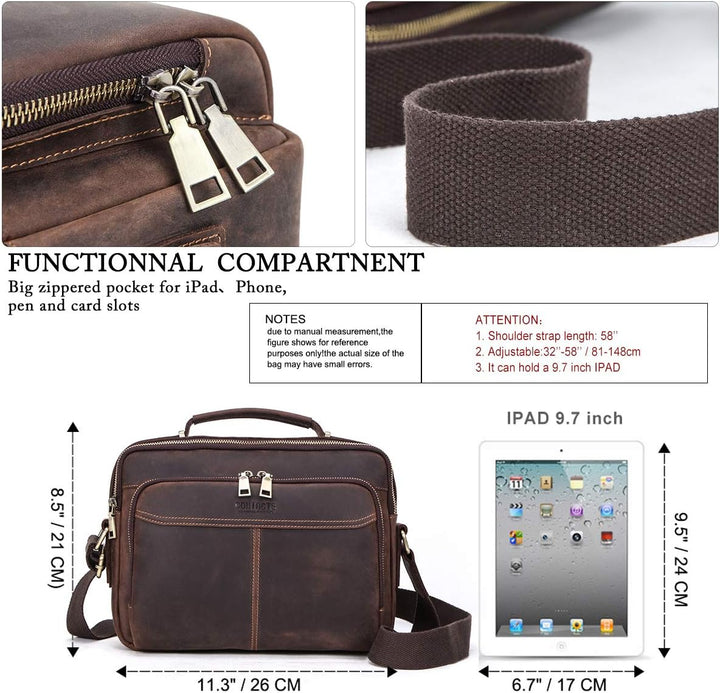 Contacts Echtes Leder Herren 9.7" Laptop Tab Messenger Bag Mini Crossbody Tasche Handtasche Kaffee