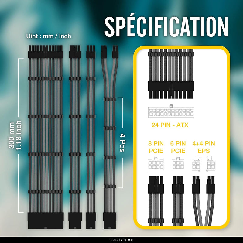 EZDIY-FAB Sleeved Cable - Kabelverlängerung für Stromversorgung mit Combs 24 Pin 8PIN 6PIN 4 + 4 Pin