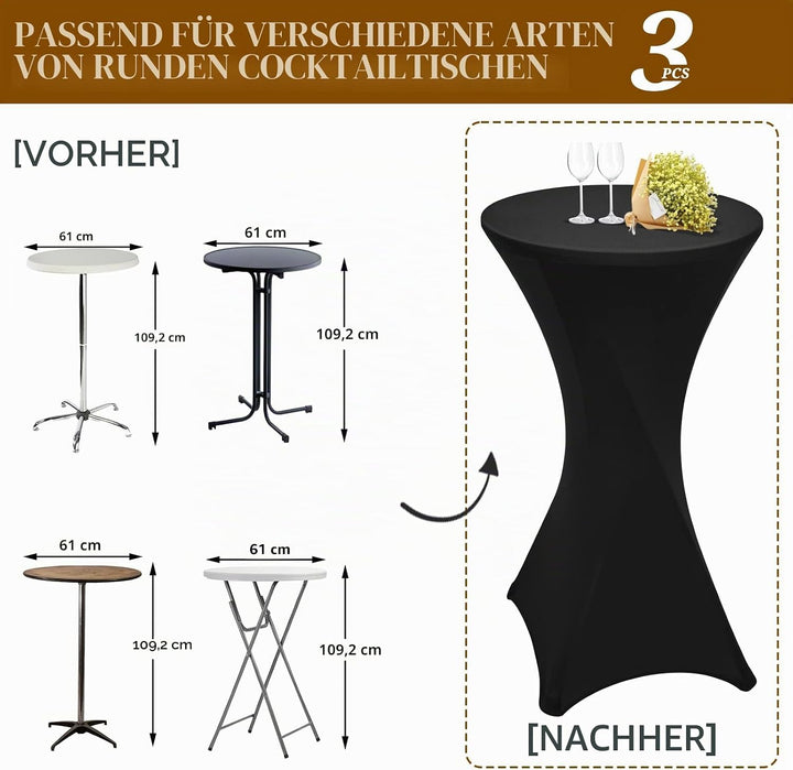 3 Stück Schwarz Stehtisch Hussen Stehtische, Stehtischhusse für Ø 60-65 cm Stehtische und Bistrotisc