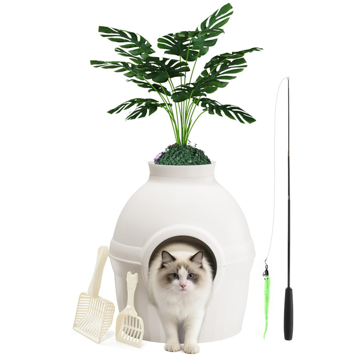 Mondeer Katzenklo Blumentopf mit Pflanze &amp; 2 Schaufeln, Versteckte Katzentoilette XXL mit verstellba