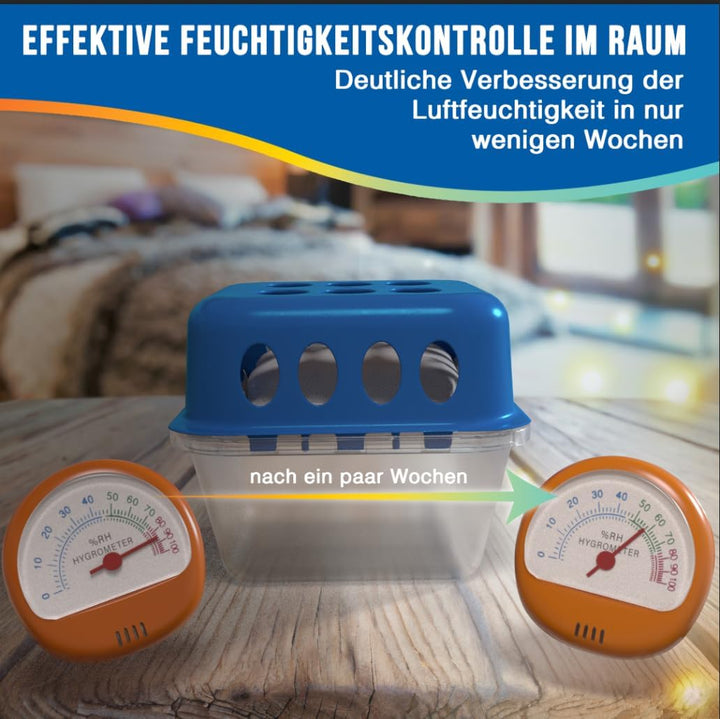 Delmara 4x Luftentfeuchter Set inkl. 1x Hygrometer – Raumentfeuchter ohne Strom mit 4x 400g Granulat