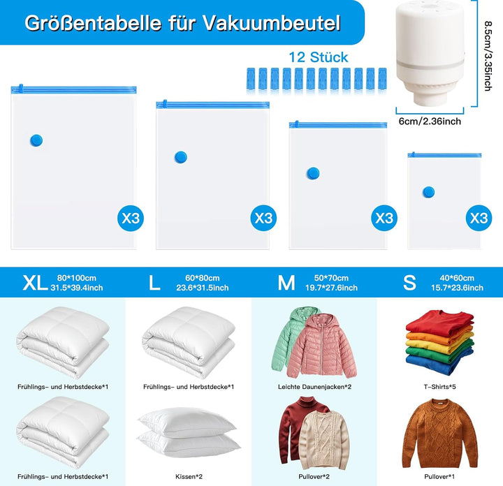Vakuumbeutel für Kleidung Bettdecken mit Elektrische Pumpe,12 Stück vacuum bags for clothing (3 Jumb